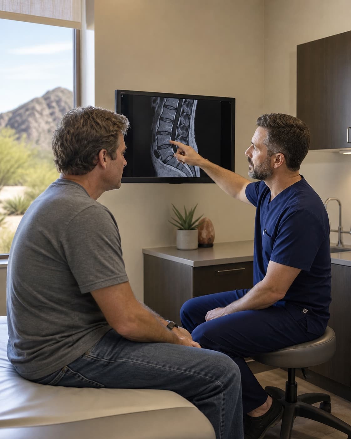 Patient and clinician reviewing spinal imaging together