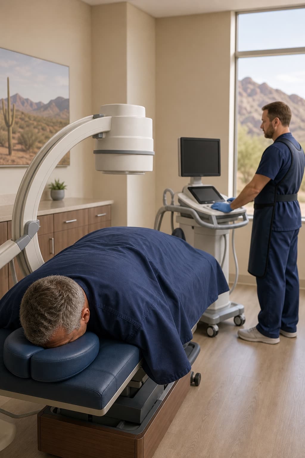 Clinician preparing image-guided care for a fully draped patient